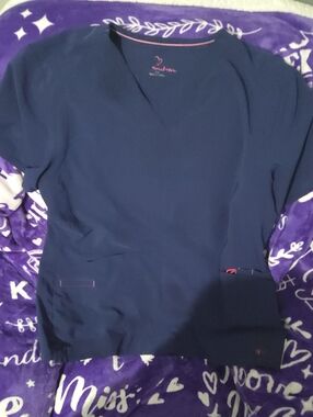 Smitten Navy Blue Scrub Top with Pink Trim